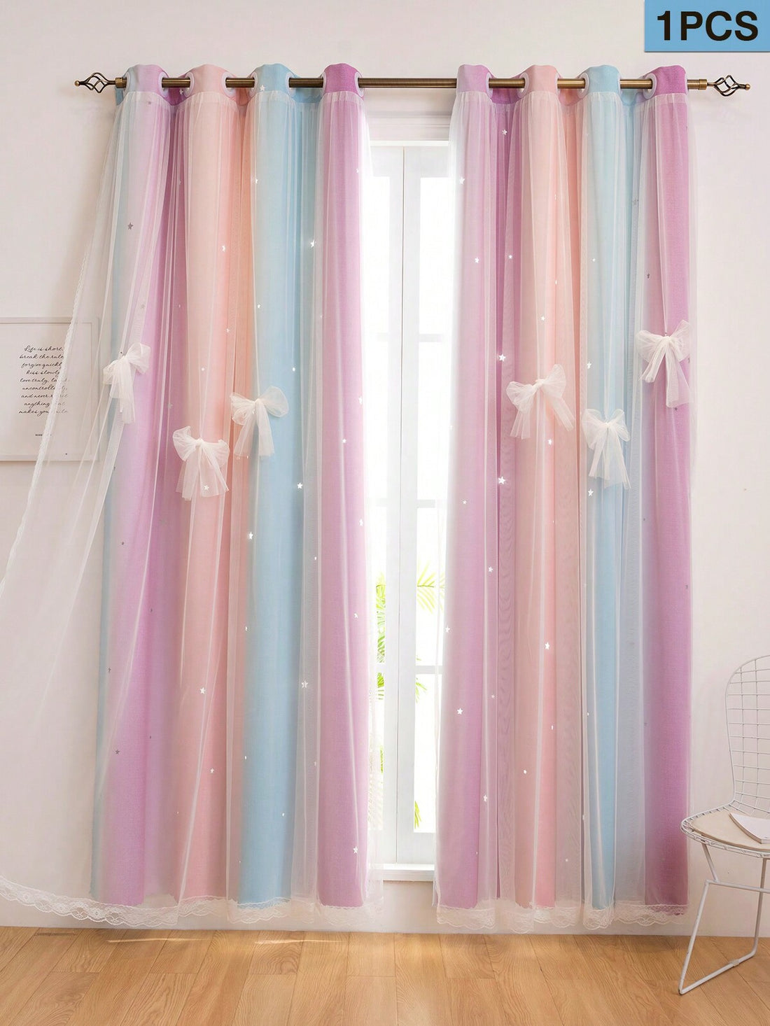 1pc Pink/Purple/Blue Unicorn & Star Pattern Dual-Layer Sheer Window Curtain Panel, Princess Style Polyester Fiber Rainbow Unicorn Star Darkening Curtain For Boys' And Girls' Room, Living Room And Bedroom, Home Decoration