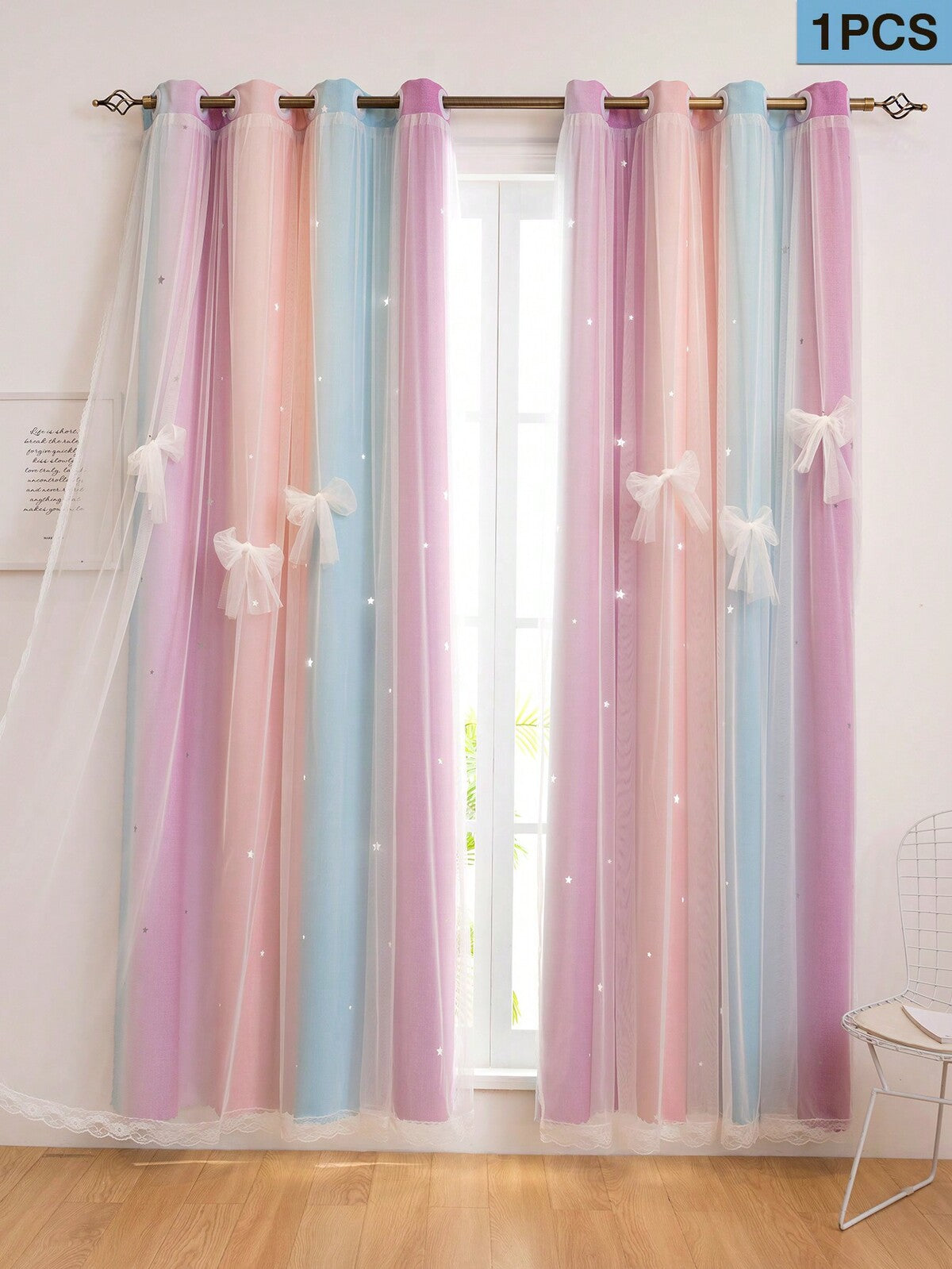 1pc Pink/Purple/Blue Unicorn & Star Pattern Dual-Layer Sheer Window Curtain Panel, Princess Style Polyester Fiber Rainbow Unicorn Star Darkening Curtain For Boys' And Girls' Room, Living Room And Bedroom, Home Decoration