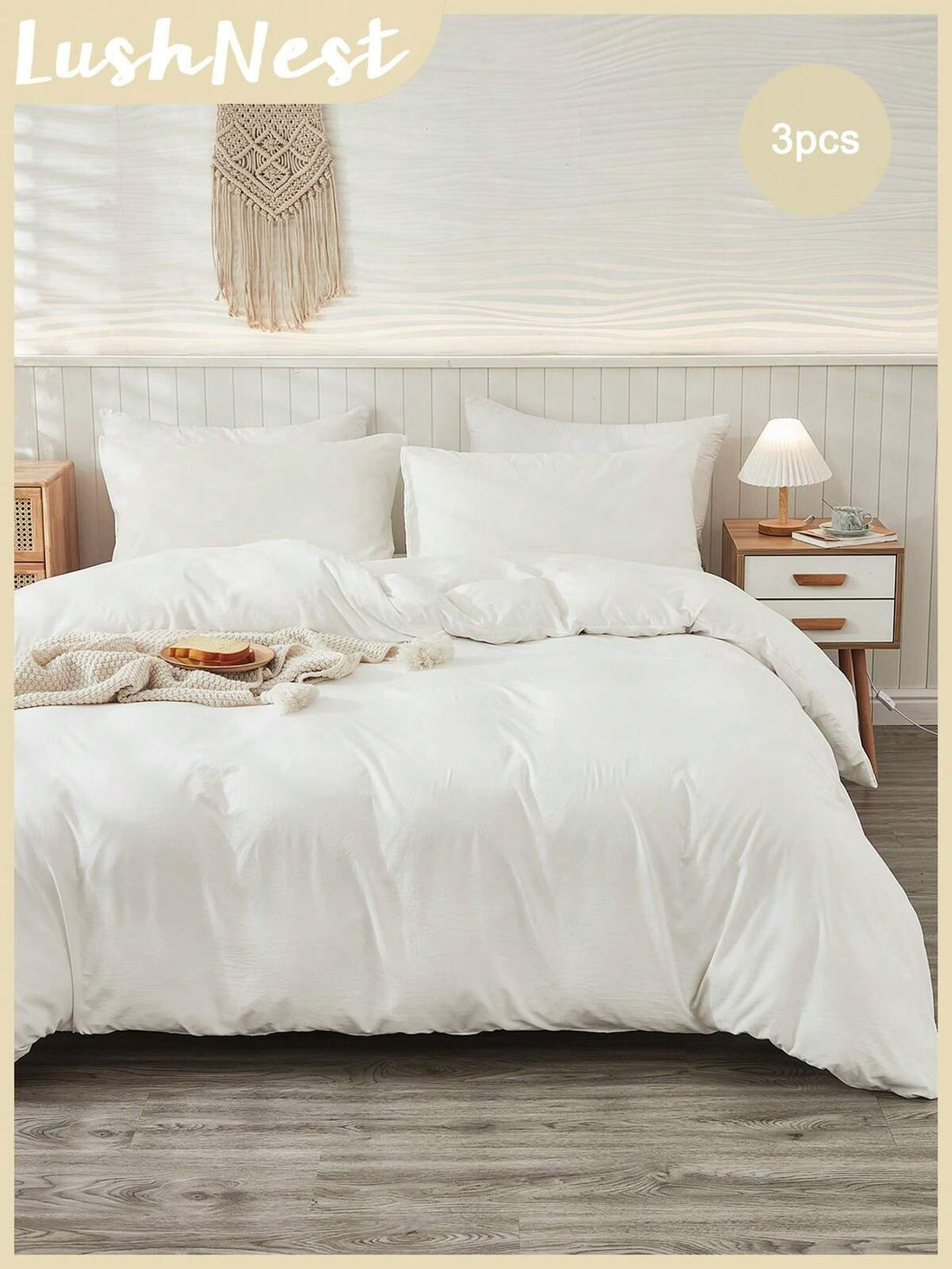 3pcs White Bohemian Farmhouse Style Bedding Set, Ultra-Soft Polyester Duvet Cover, Suitable For Men And Women (1 Duvet Cover + 2 Pillow Shams, Comforter Not Included), Essential For Dorm, Comfortable And Stylish, Lightweight Bedding For Spring And Summer