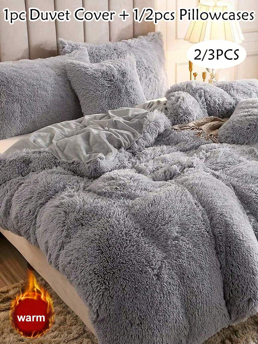 2/3pcs Grey Fluffy Plush Duvet Cover Set, Soft Warm Shaggy Bedding Set For Winter, Luxury Modern Solid Color Comforter Cover, Bedroom Decor,(1 Duvet Cover+ 1/2 Pillowcases, No Filler)