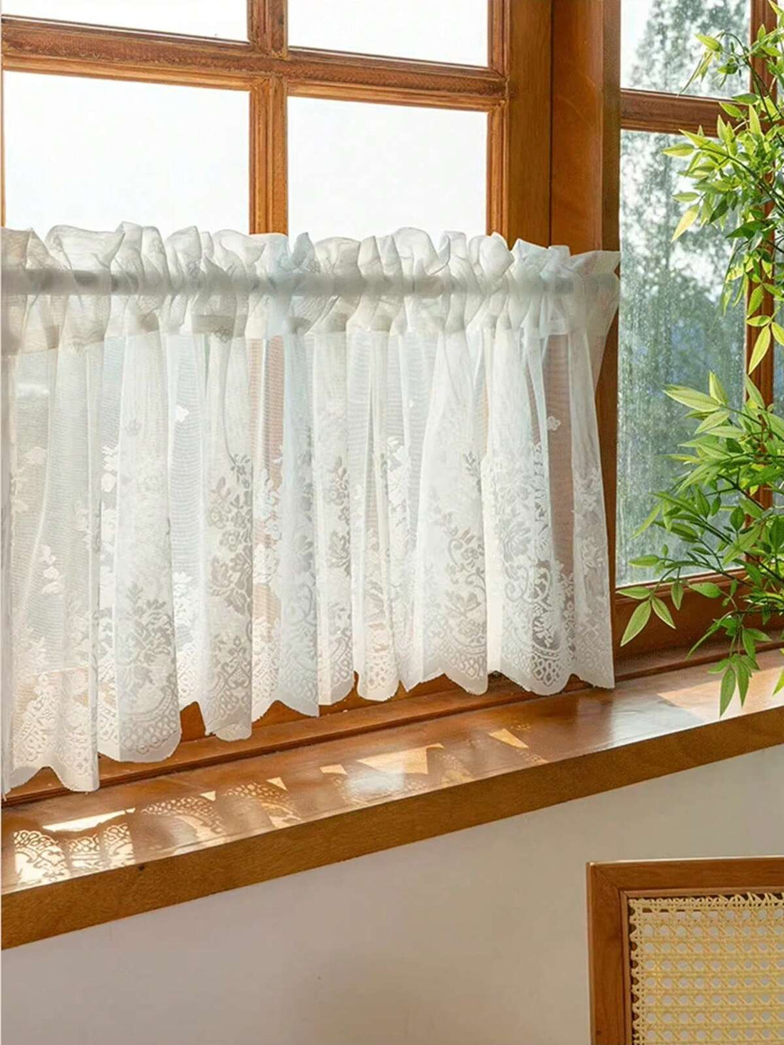 1pc Rod Pocket Ruffled Lace White Half Curtain, Farmhouse Style Short Curtain, Kitchen Curtain, Room Divider, Cabinet Decor