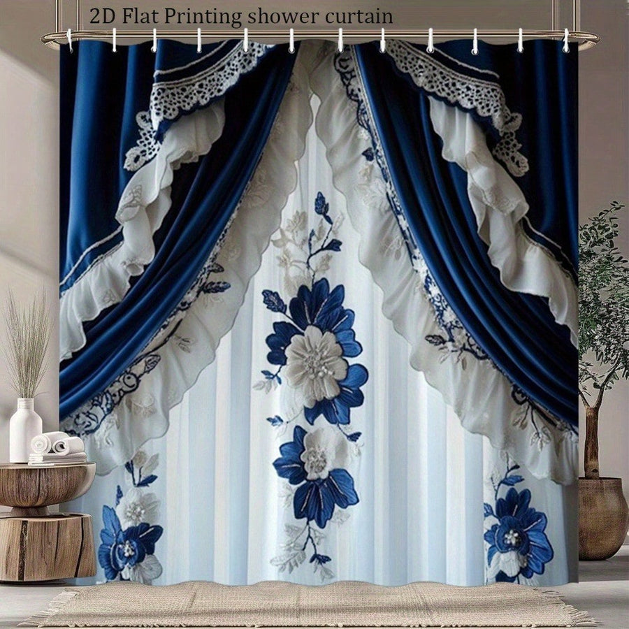 [2D Flat Printing]1pcs Elegant Flower Shower Curtain Navy Blue Floral Pattern With Ruffled Trim For Stylish Bathroom Decoration Bathtub Partition Curtain Set 70.8x70.8 Inch With 12 Hooks, 2D Flat