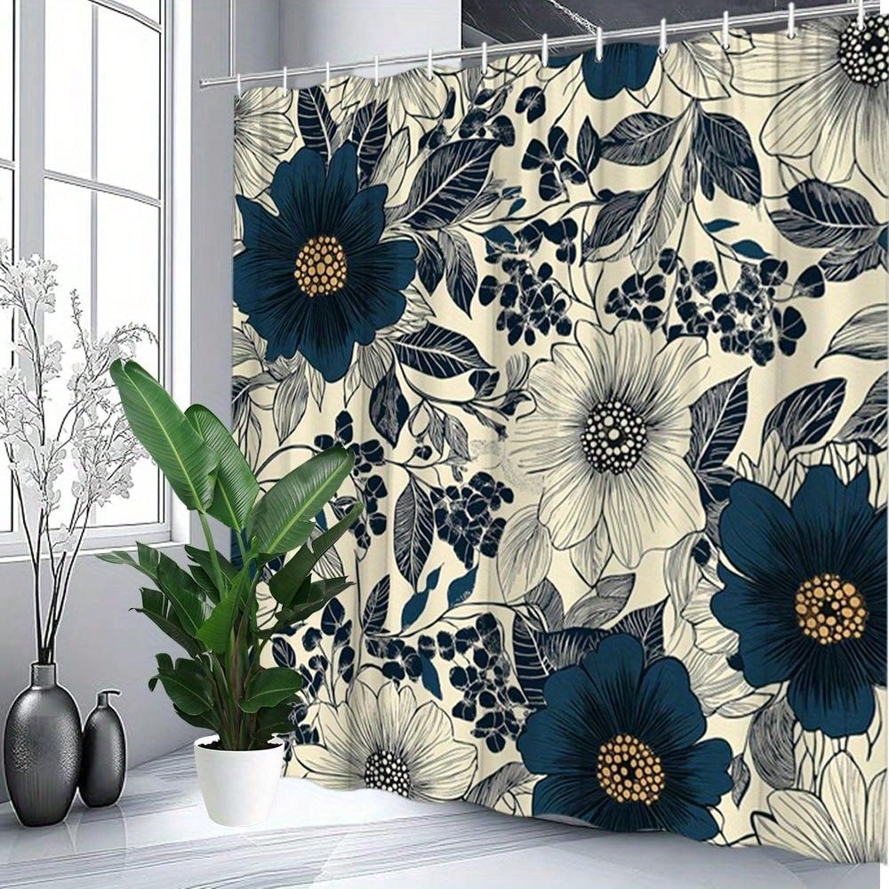 1pc Vintage Floral Shower Curtain In Navy Blue And Beige, Featuring Botanical Designs. It , Is Made Of Machine Washable Polyester