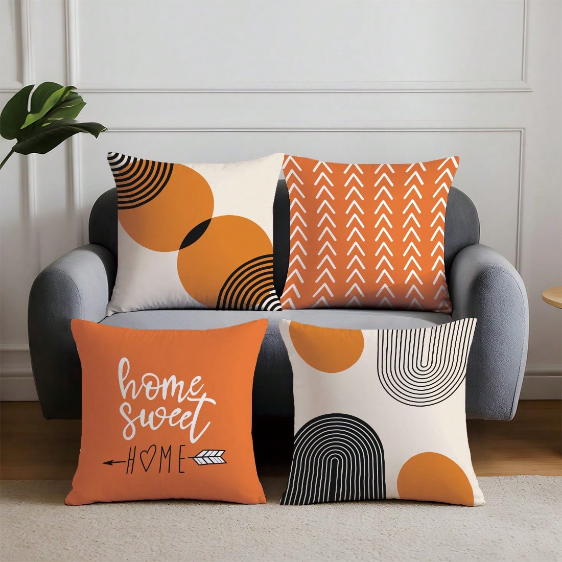 4pcs Minimalist Orange White Black Colorblock Geometric Cushion Covers, Single-Sided Printed Skin-Friendly Peach Skin Velvet Material, 45*45CM Pillow Covers Suitable For Indoor Decor, Party Decoration, Decorative Cushion Covers Gift